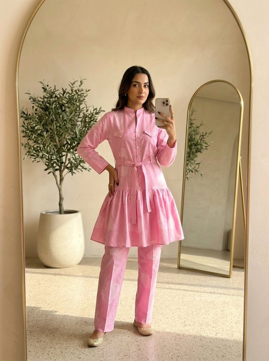 CLF073 Belted Pink Peplum 2-Piece Suit