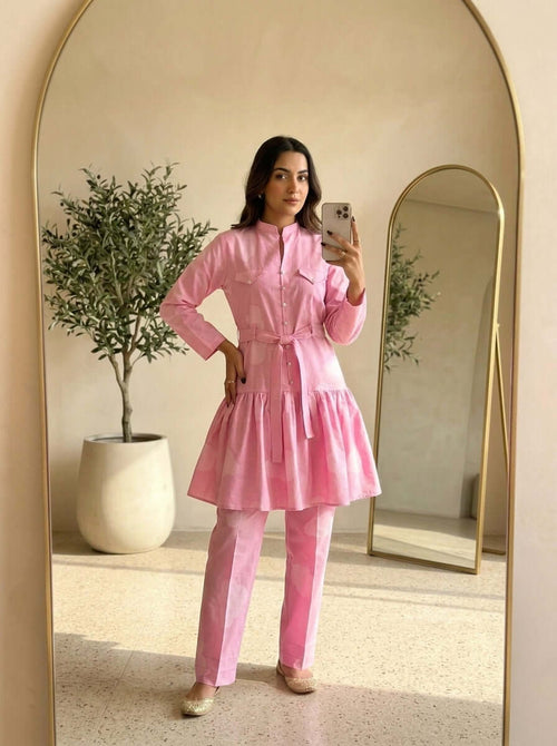 CLF073 Belted Pink Peplum 2-Piece Suit