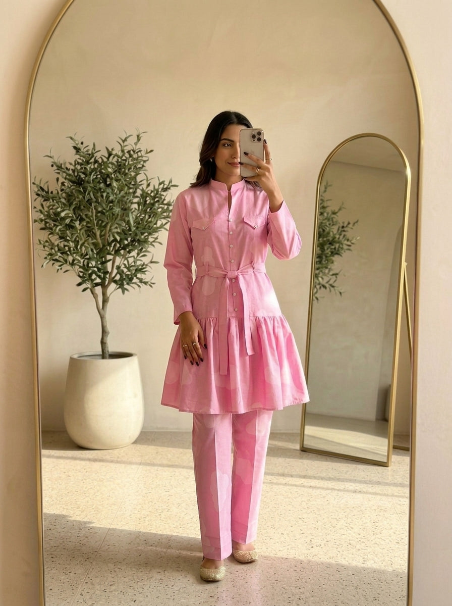 CLF073 Belted Pink Peplum 2-Piece Suit