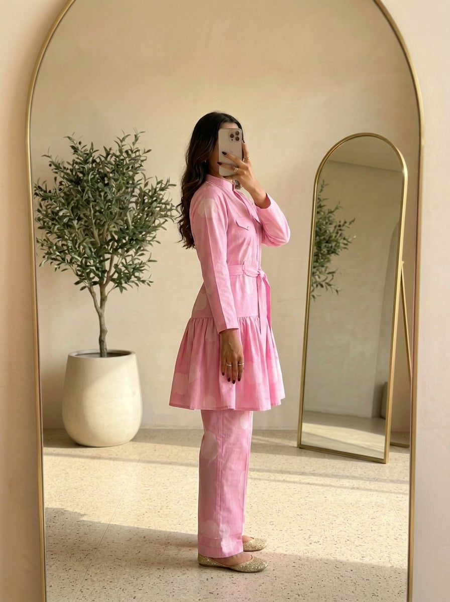 CLF073 Belted Pink Peplum 2-Piece Suit