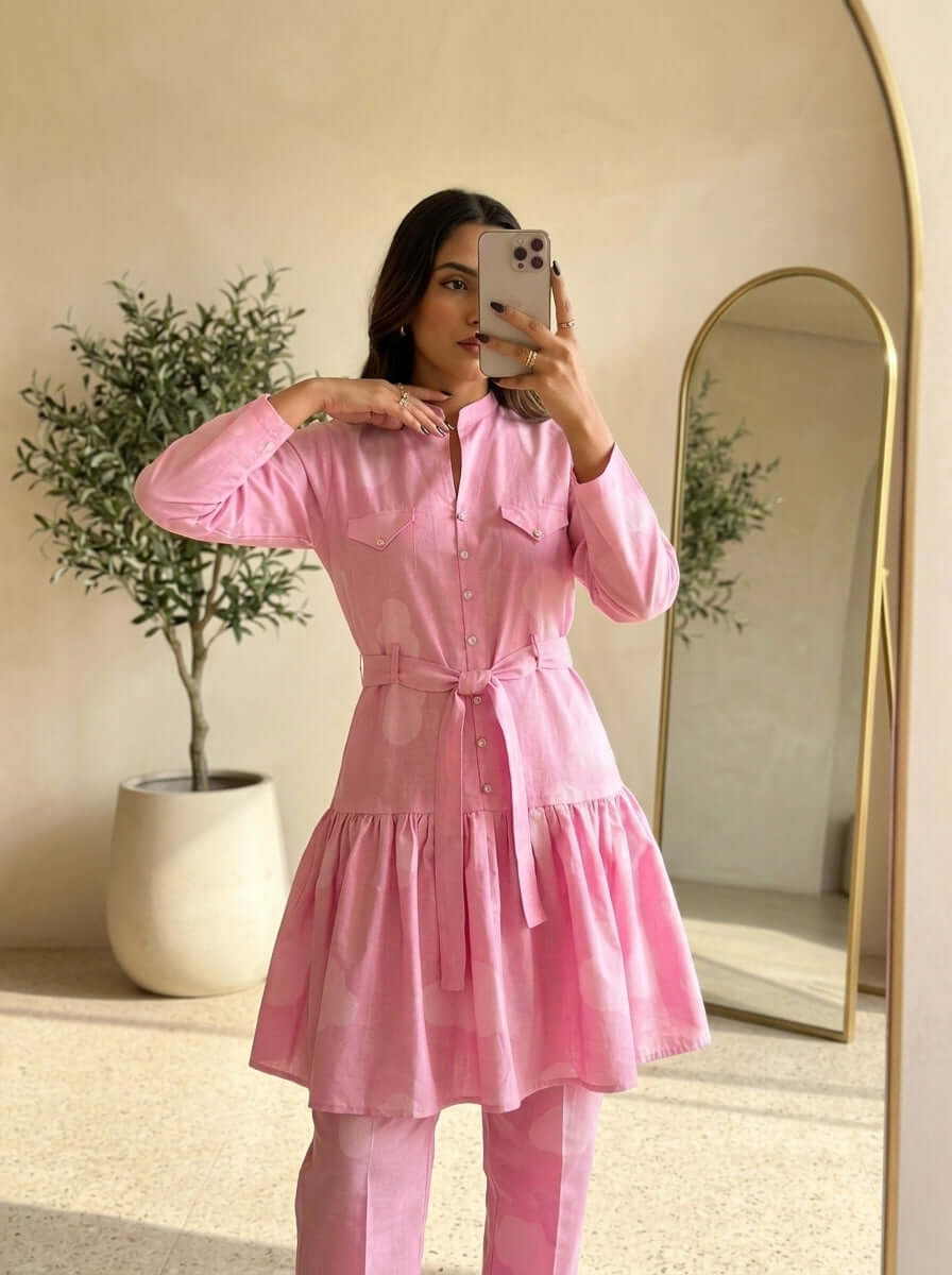 CLF073 Belted Pink Peplum 2-Piece Suit