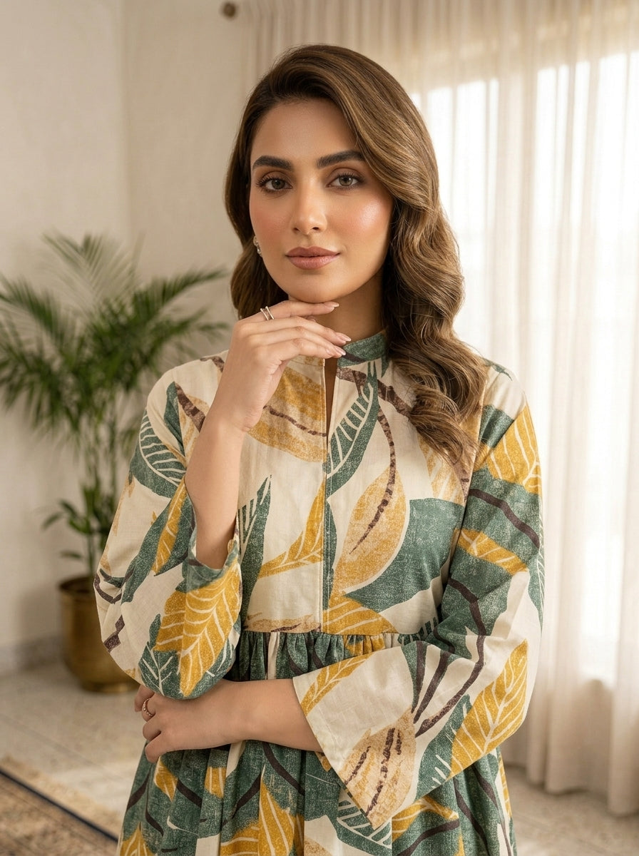 TOP1006 Leaf Printed Frock 1 Piece