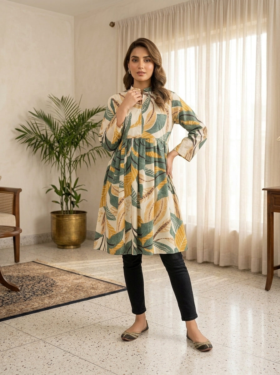 TOP1006 Leaf Printed Frock 1 Piece