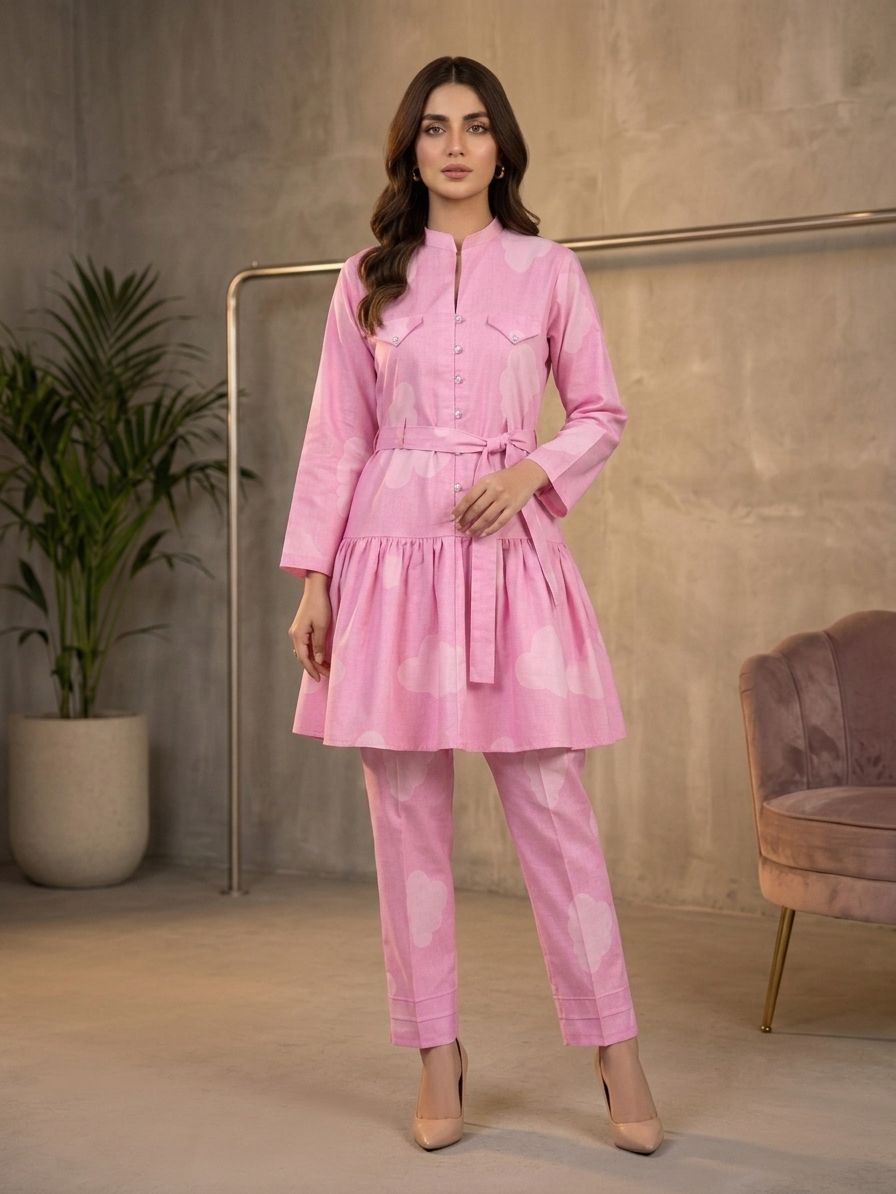 CLF073 Belted Pink Peplum 2-Piece Suit