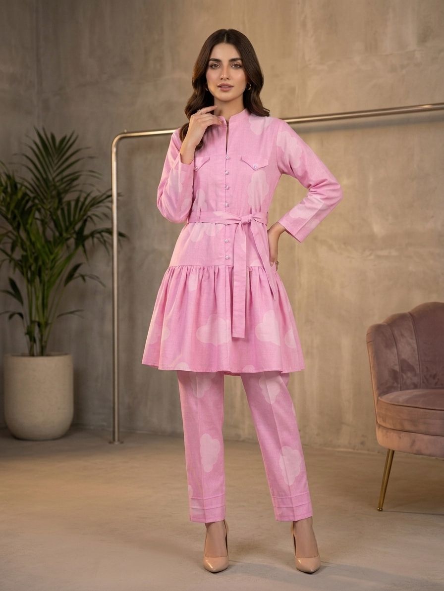 CLF073 Belted Pink Peplum 2-Piece Suit