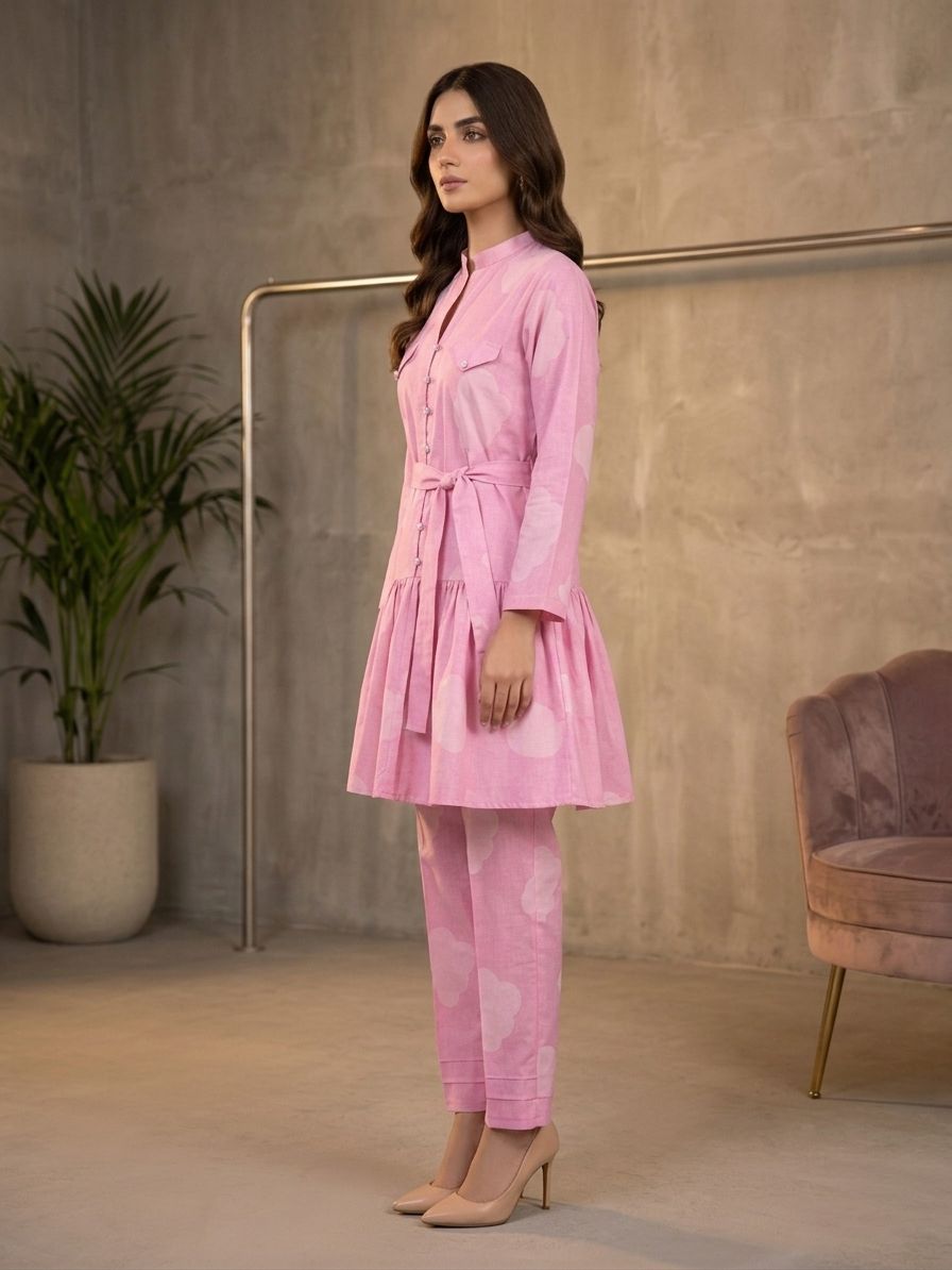 CLF073 Belted Pink Peplum 2-Piece Suit