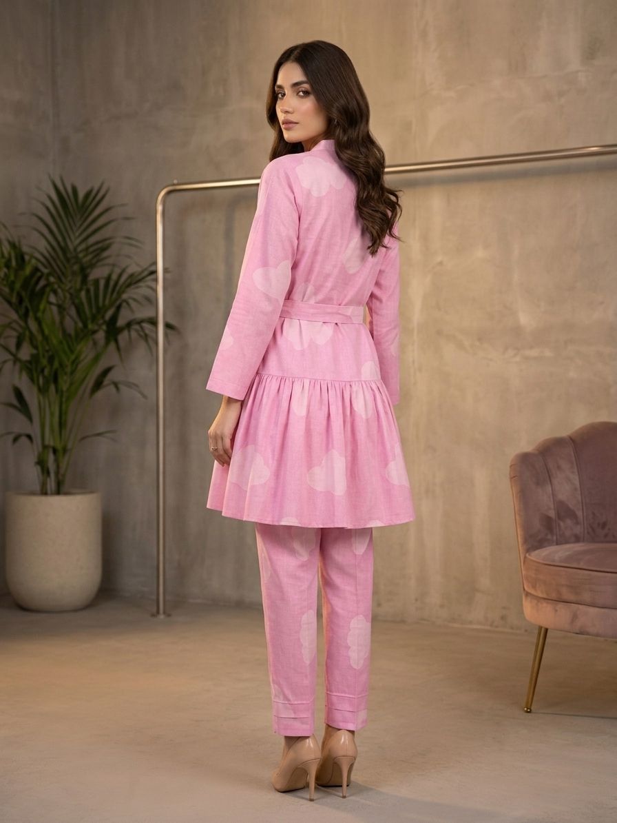 CLF073 Belted Pink Peplum 2-Piece Suit