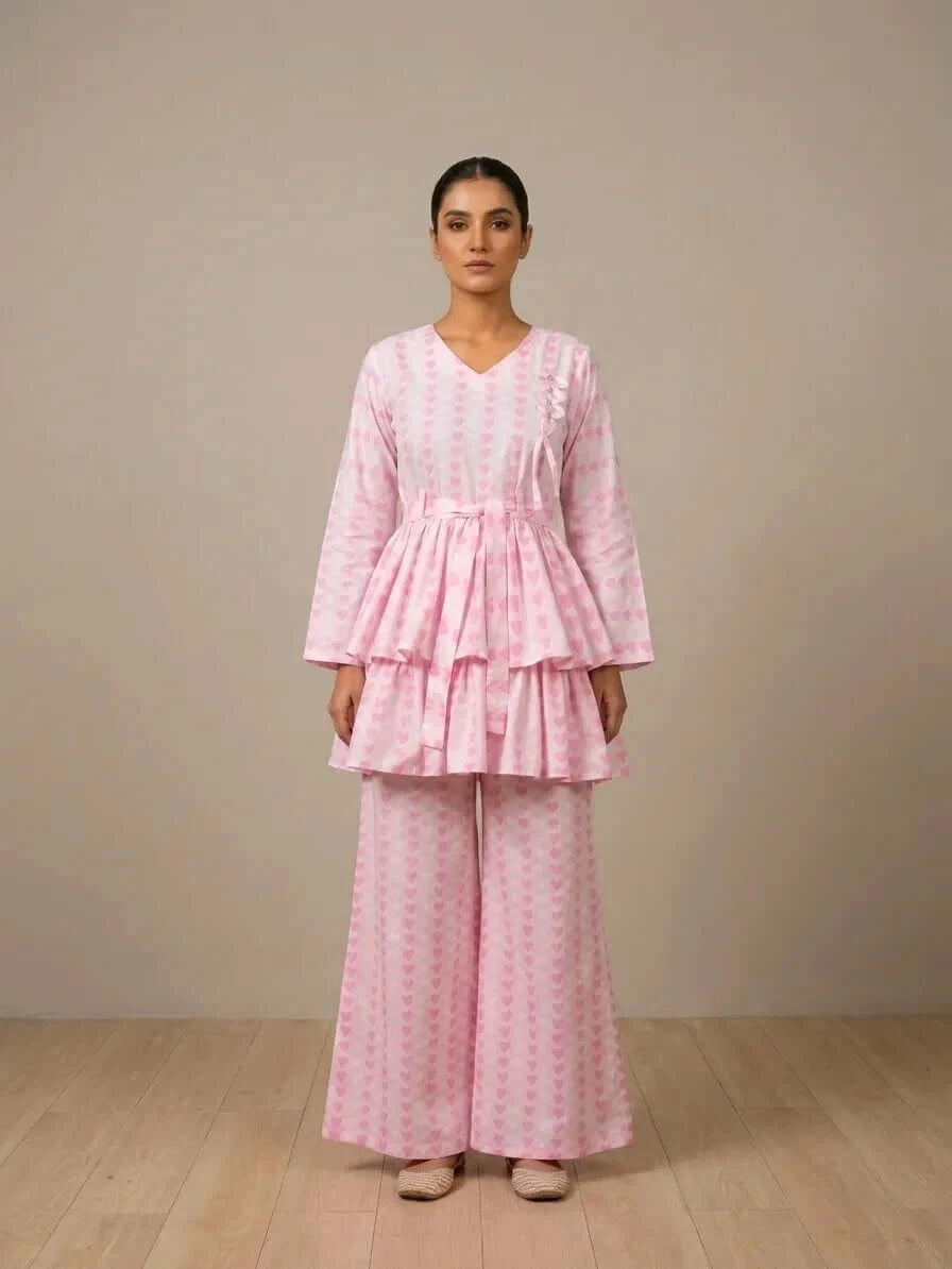 CLF030 Soft Pink Heart Printed Layered Frock & Palazzo