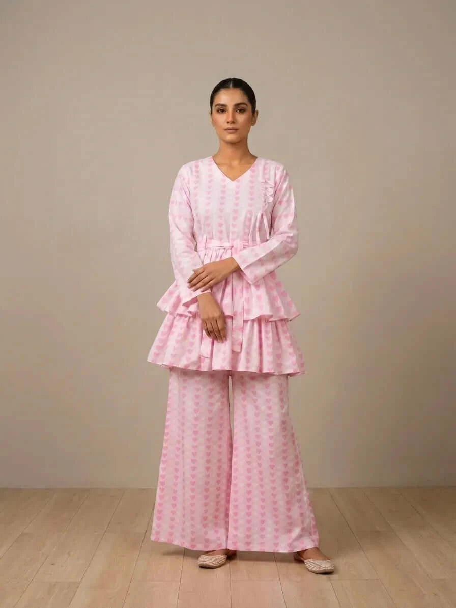 CLF030 Soft Pink Heart Printed Layered Frock & Palazzo