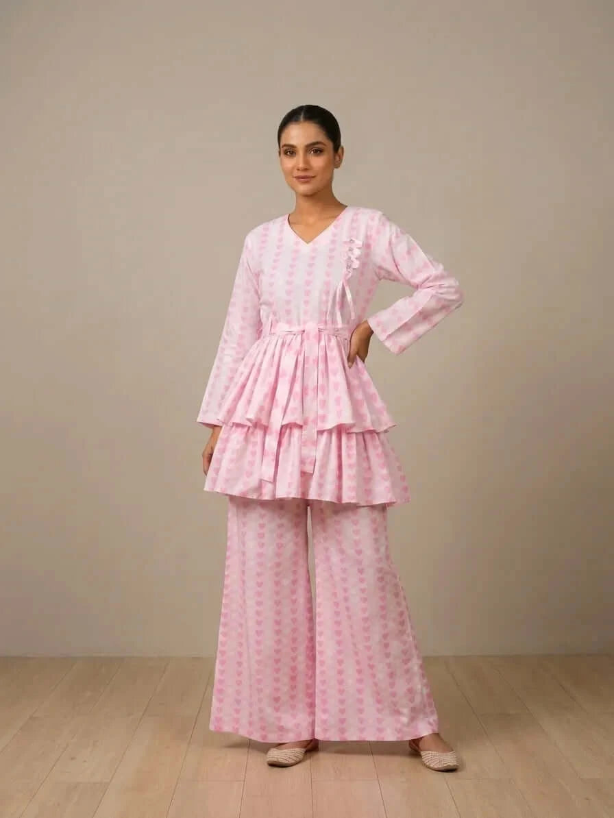 CLF030 Soft Pink Heart Printed Layered Frock & Palazzo