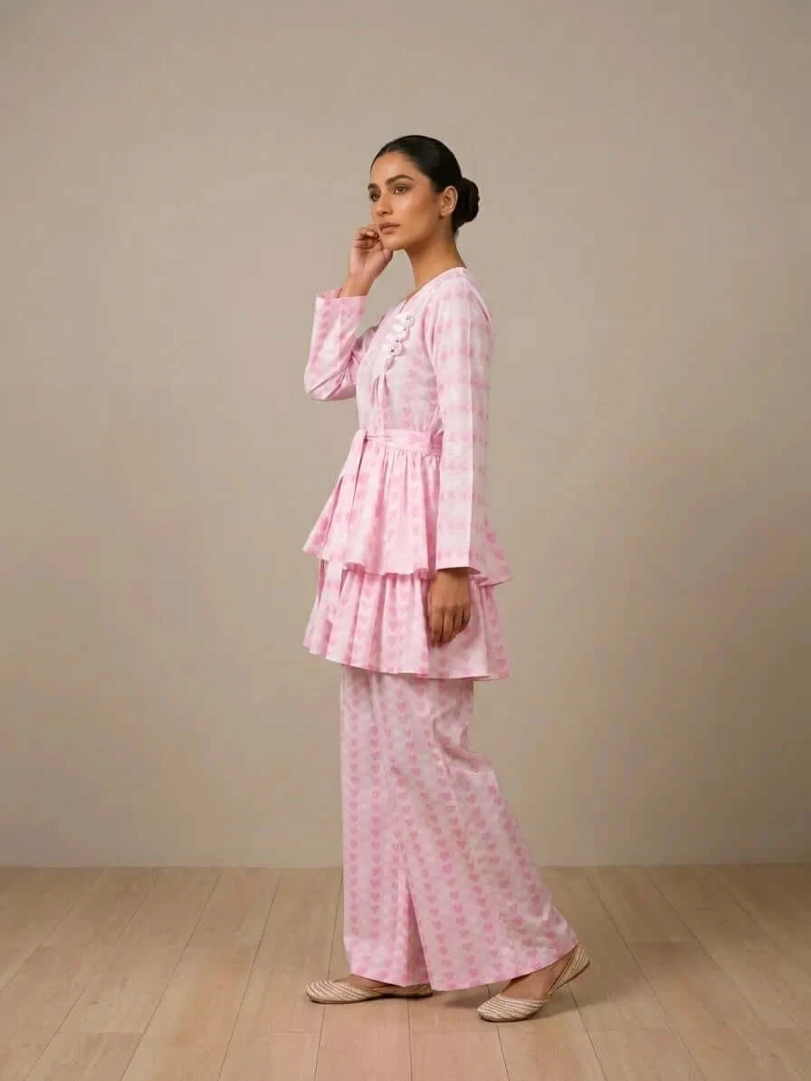 CLF030 Soft Pink Heart Printed Layered Frock & Palazzo