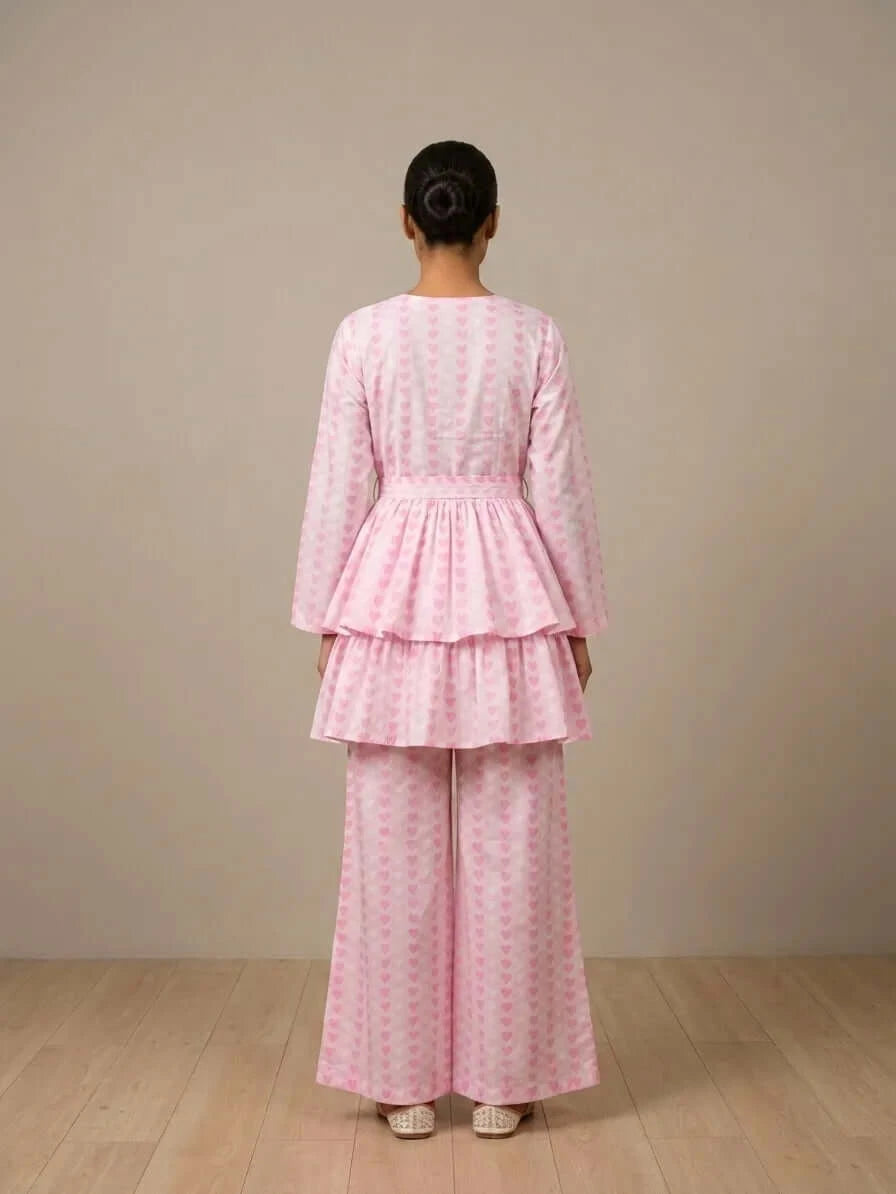 CLF030 Soft Pink Heart Printed Layered Frock & Palazzo
