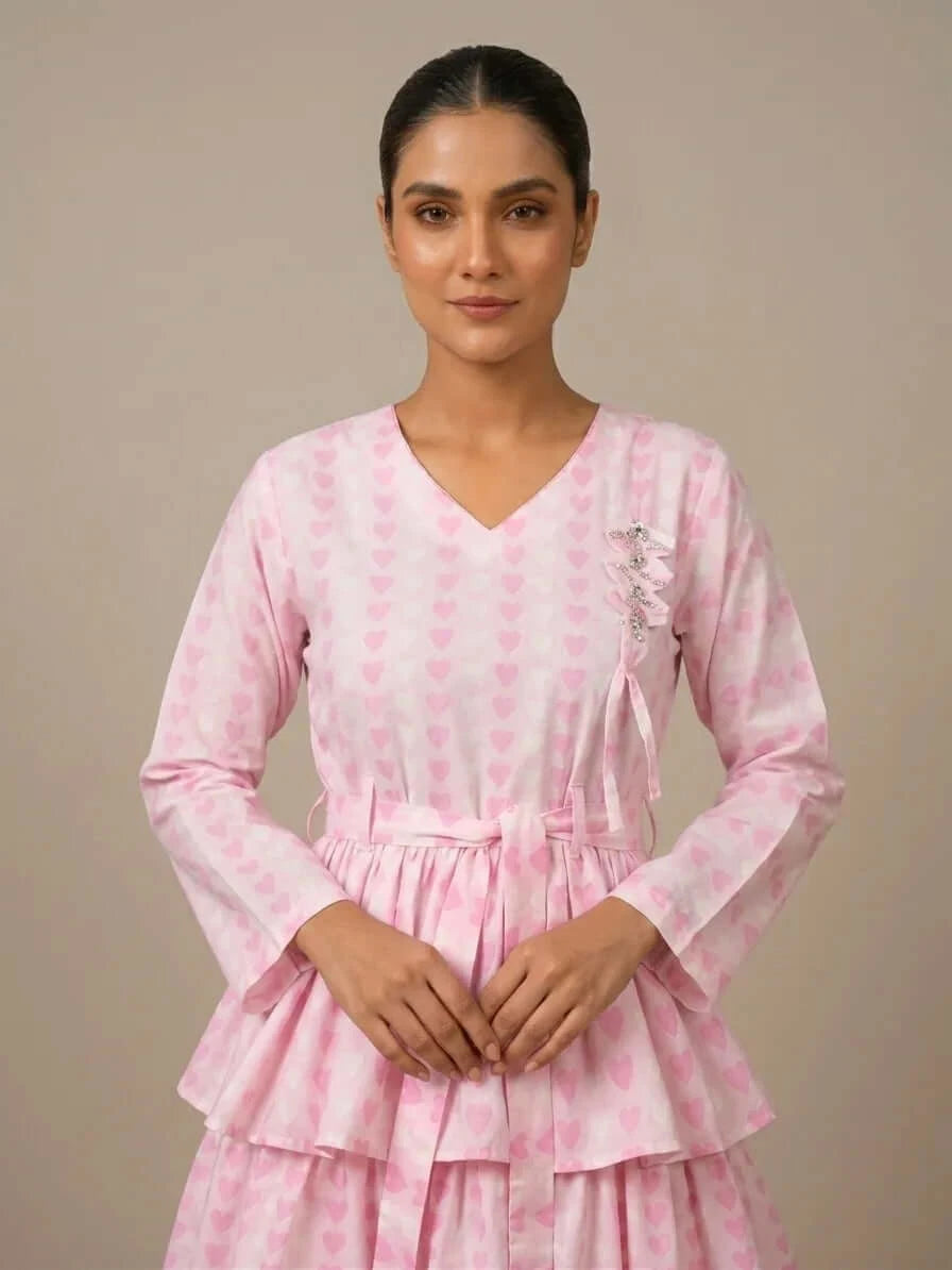 CLF030 Soft Pink Heart Printed Layered Frock & Palazzo