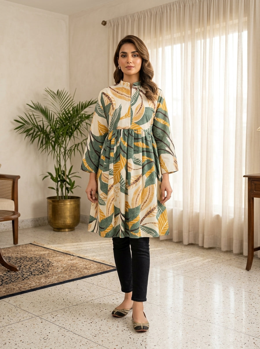 TOP1006 Leaf Printed Frock 1 Piece