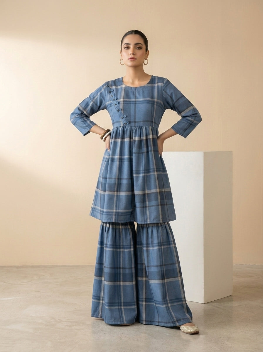CLF082 Checkered Short Frock & Sharara Set