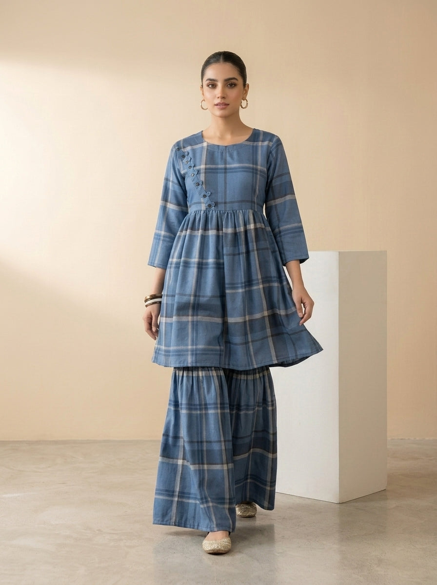 CLF082 Checkered Short Frock & Sharara Set