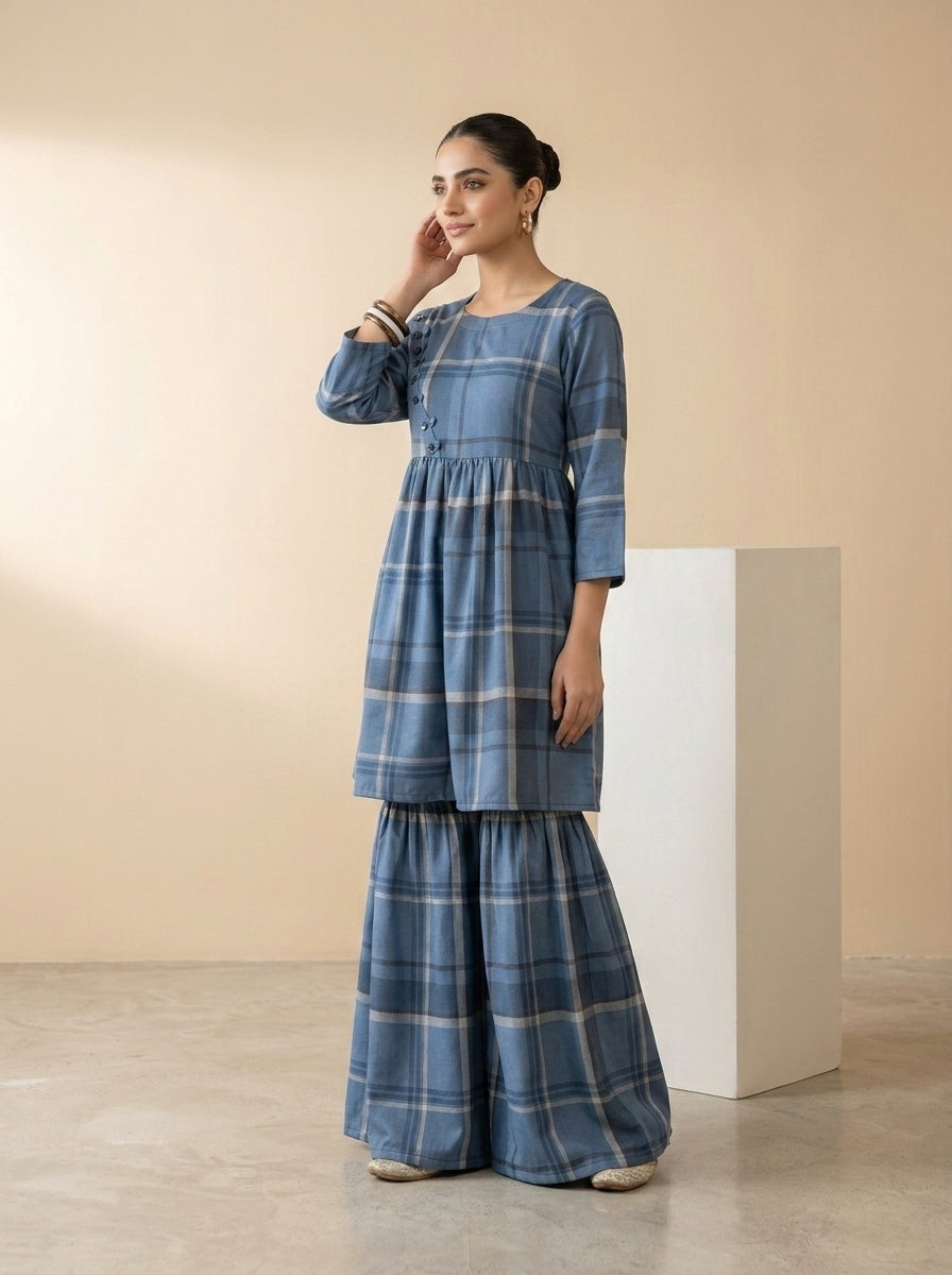 CLF082 Checkered Short Frock & Sharara Set