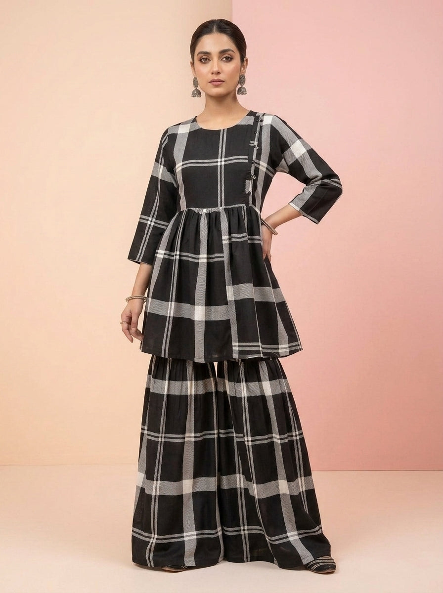 CLF083 Grid Plaid Short Frock & Sharara Set