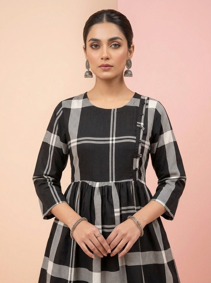 CLF083 Grid Plaid Short Frock & Sharara Set