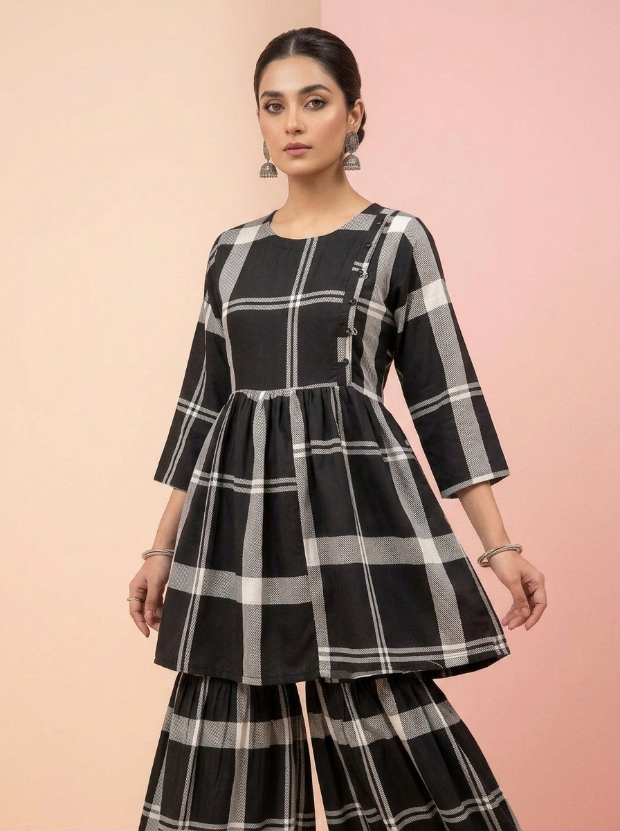 CLF083 Grid Plaid Short Frock & Sharara Set