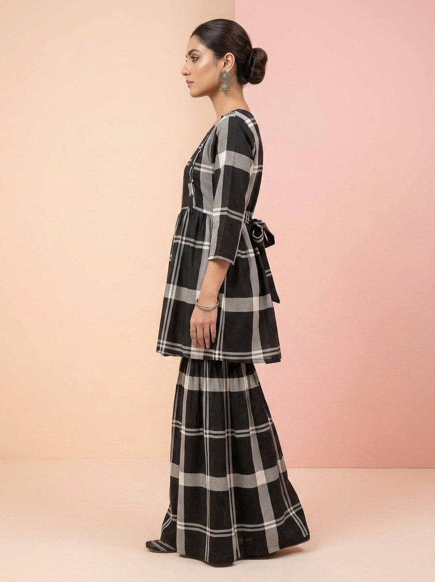 CLF083 Grid Plaid Short Frock & Sharara Set