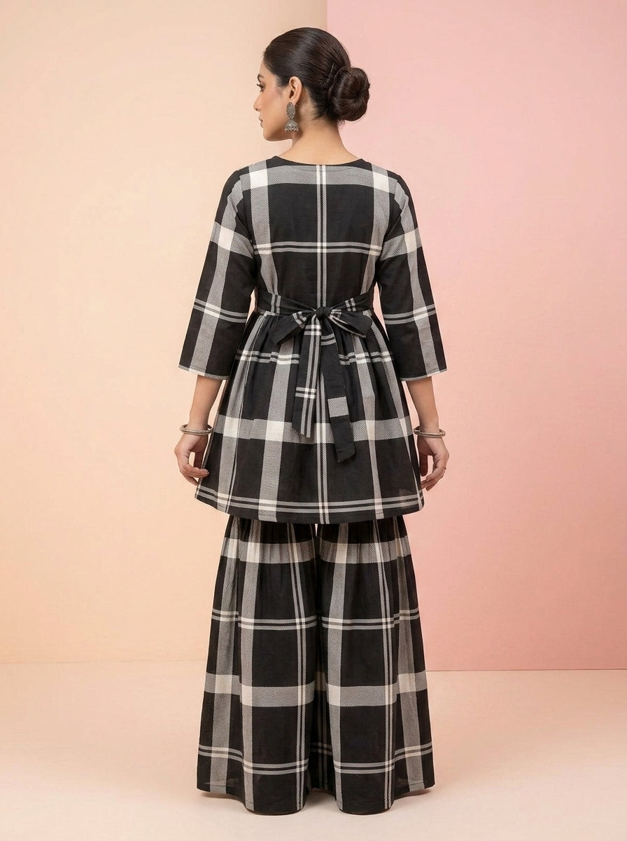 CLF083 Grid Plaid Short Frock & Sharara Set