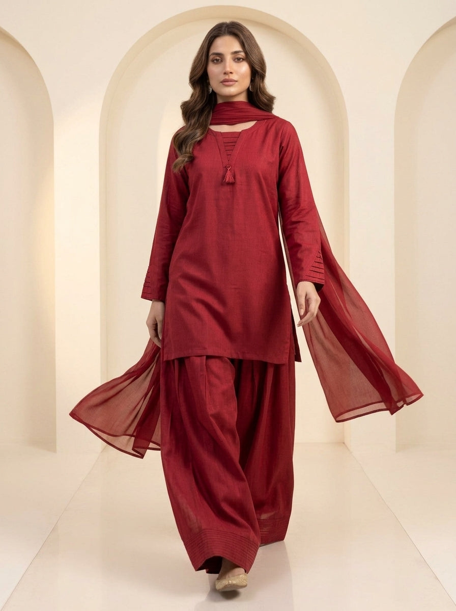 GLS012 Crimson Maroon Linen 3-Piece Set