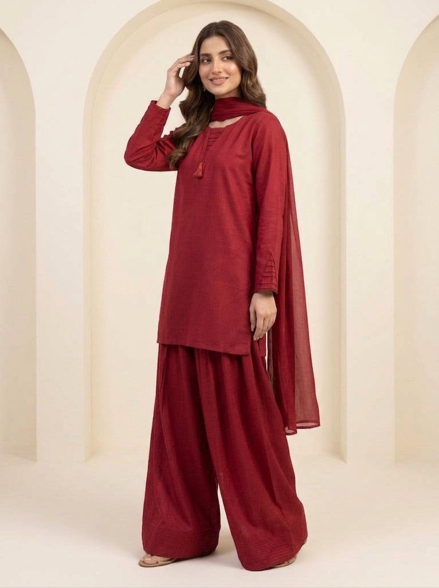 GLS012 Crimson Maroon Linen 3-Piece Set