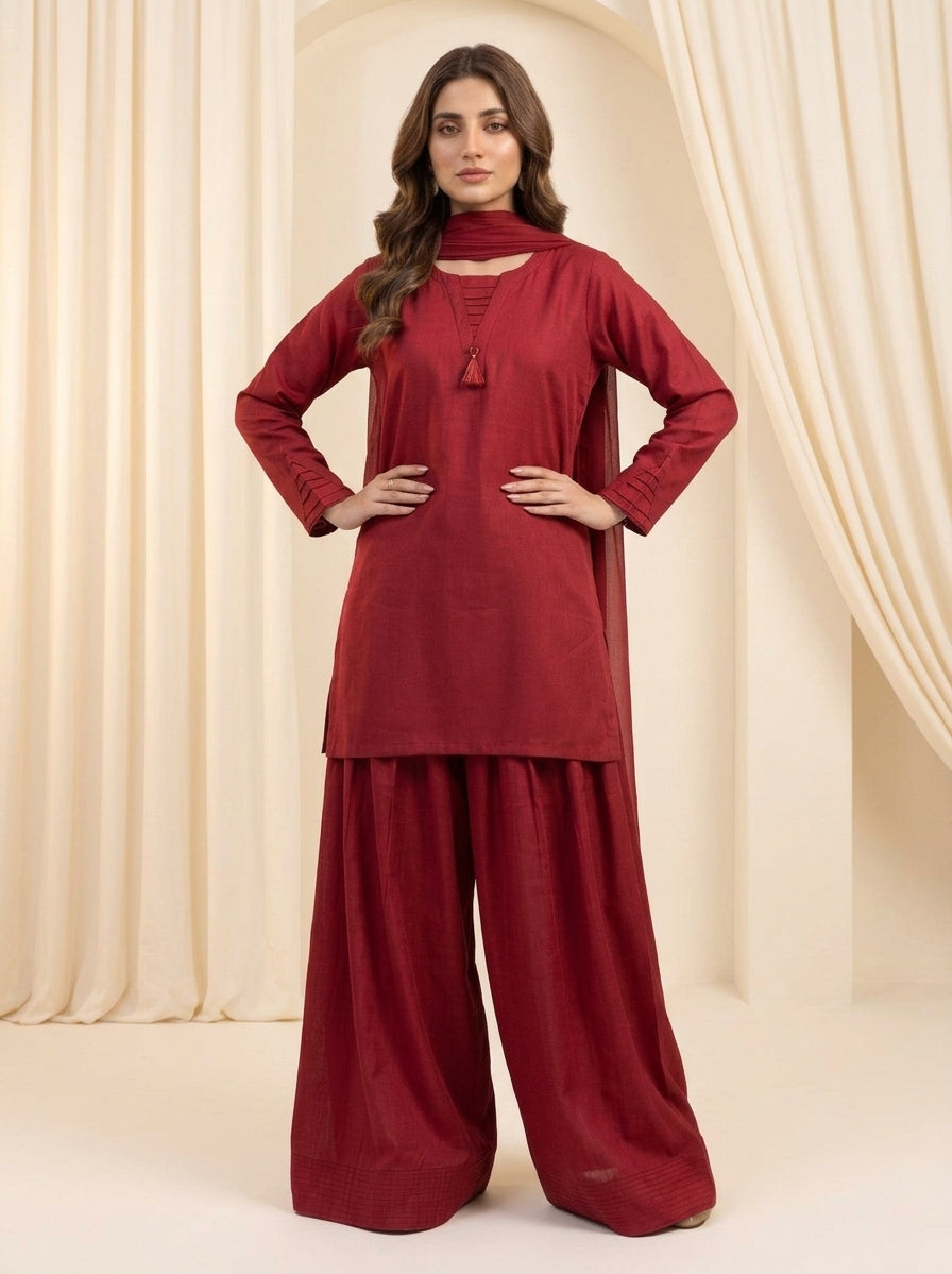 GLS012 Crimson Maroon Linen 3-Piece Set