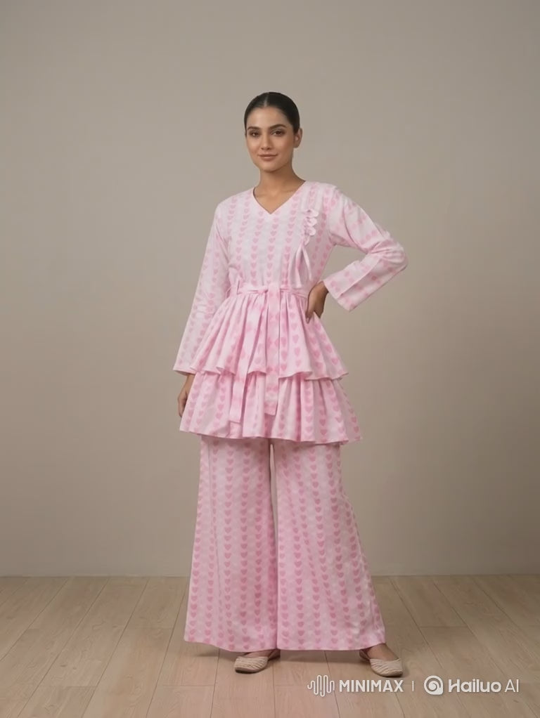 CLF030 Soft Pink Heart Printed Layered Frock & Palazzo
